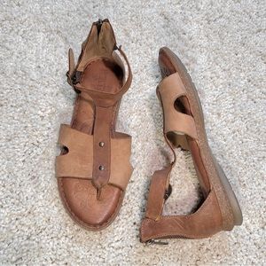 RESERVED - Born Timina Leather T-Strap Flat Sandals in Tan / Taupe